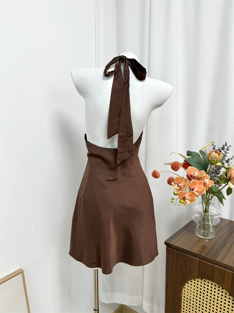 brown deep V halterneck backless satin mini dress