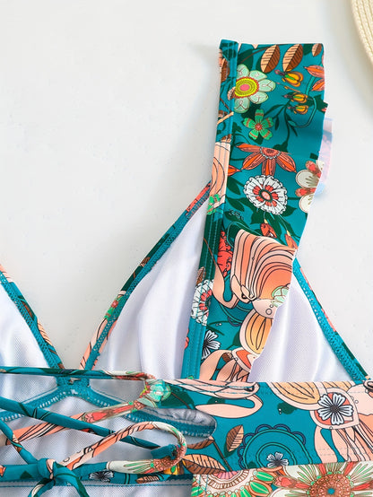 v-neck floral print Ruffle bikini