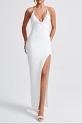 riva white Backless slit halter maxi dress
