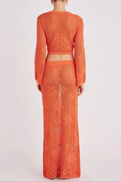 orange Hollow-out long-sleeved knitted two-piece skirt set
