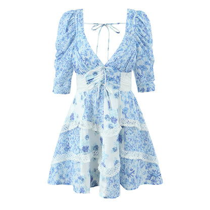 Floral lace patchwork deep V-neck puff sleeves mini dress