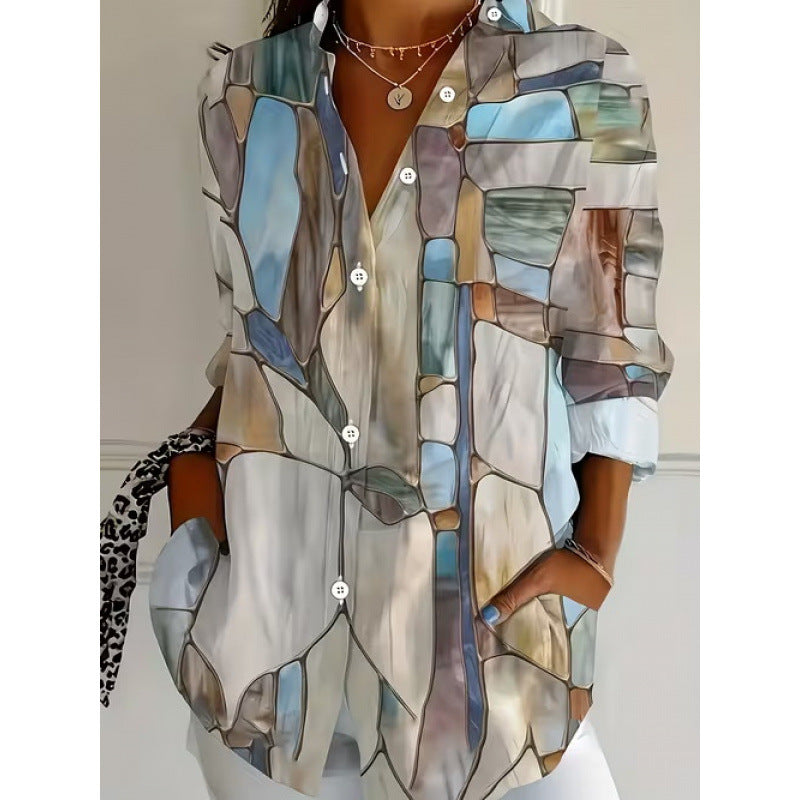 Digital Print Stand Collar Long Sleeve Shirt for Vacation