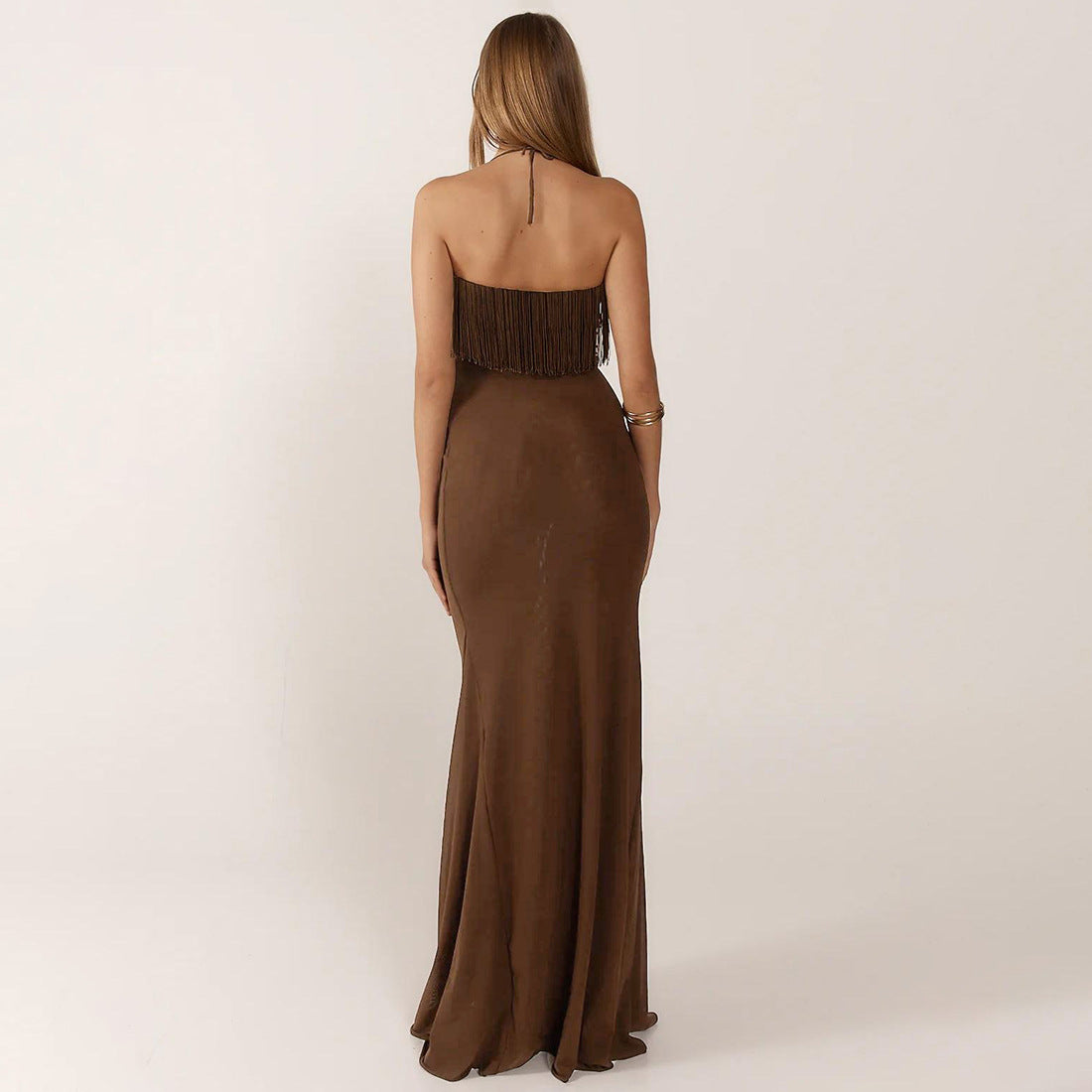 Tassel stitching halterneck backless high waist dress
