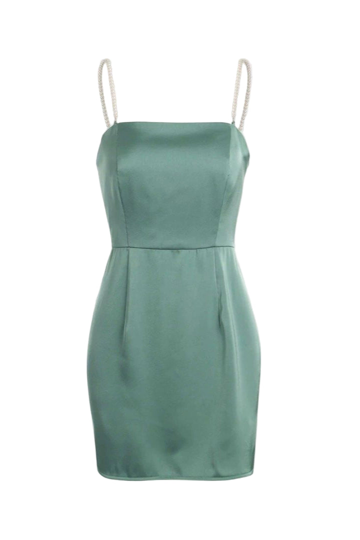 Green  Square Neck Pearl Suspenders mini Dress
