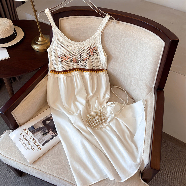 Hollow-out embroidered camisole midi dress