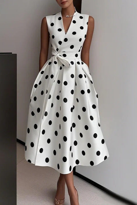 white polka dot strapless maxi dress