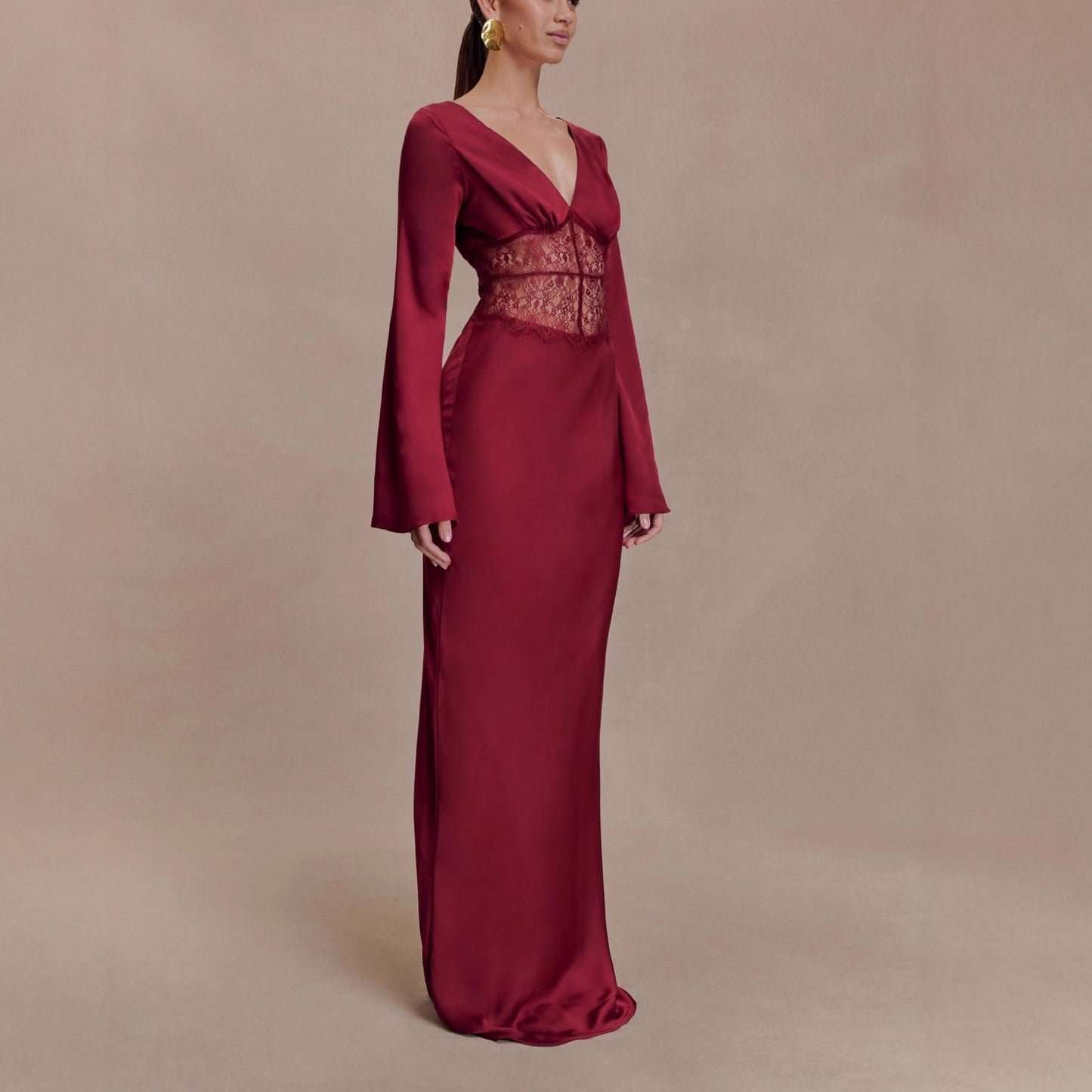 red lace patchwork V-neck satin hip maxi dress