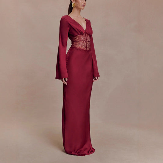 red lace patchwork V-neck satin hip maxi dress