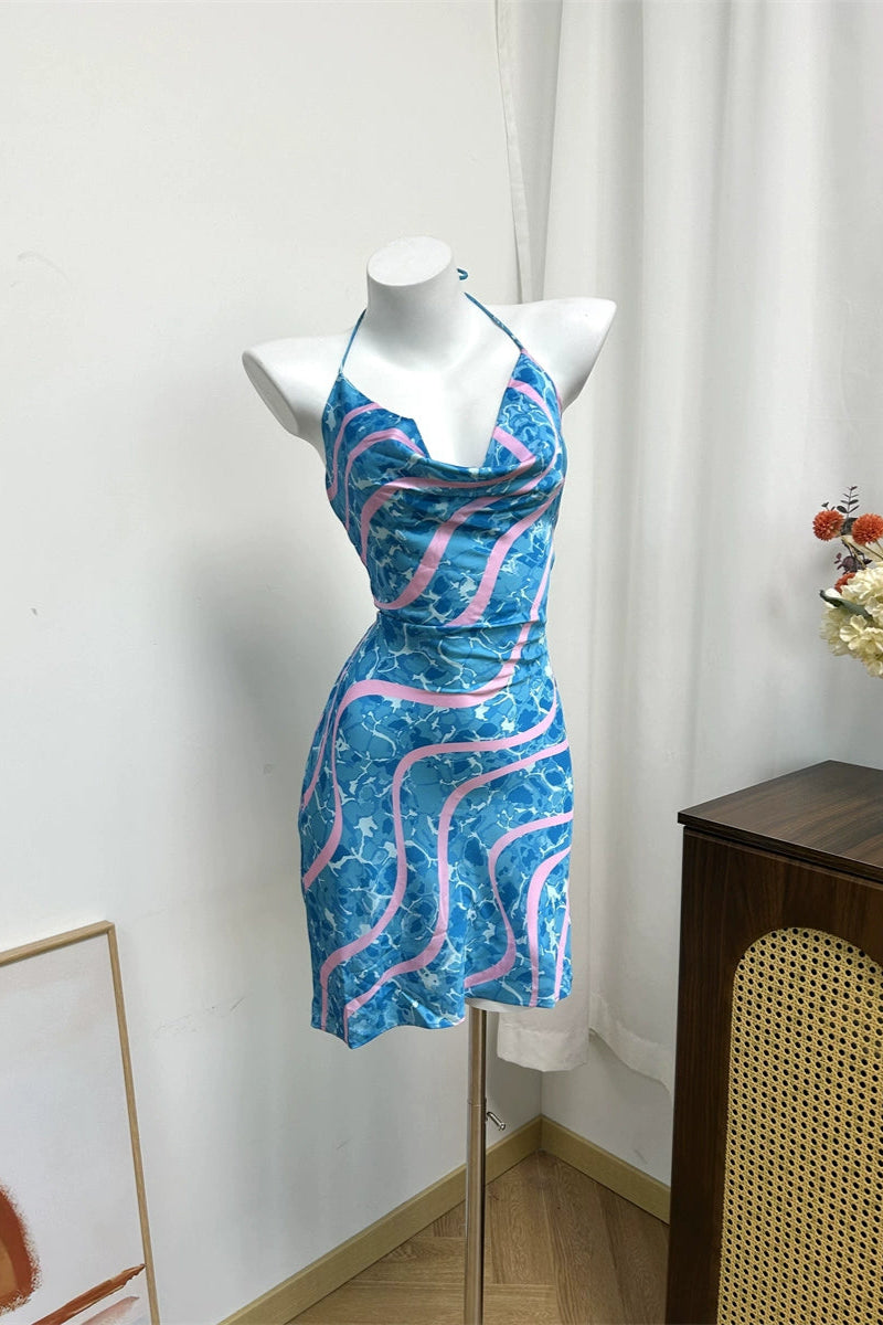 Blue Water Ripple Swing Collar Waist Dress