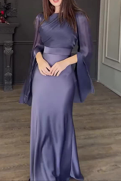 Spliced Glass Tulle Large Swing Sleeve Long Satin Slim Fit Dress