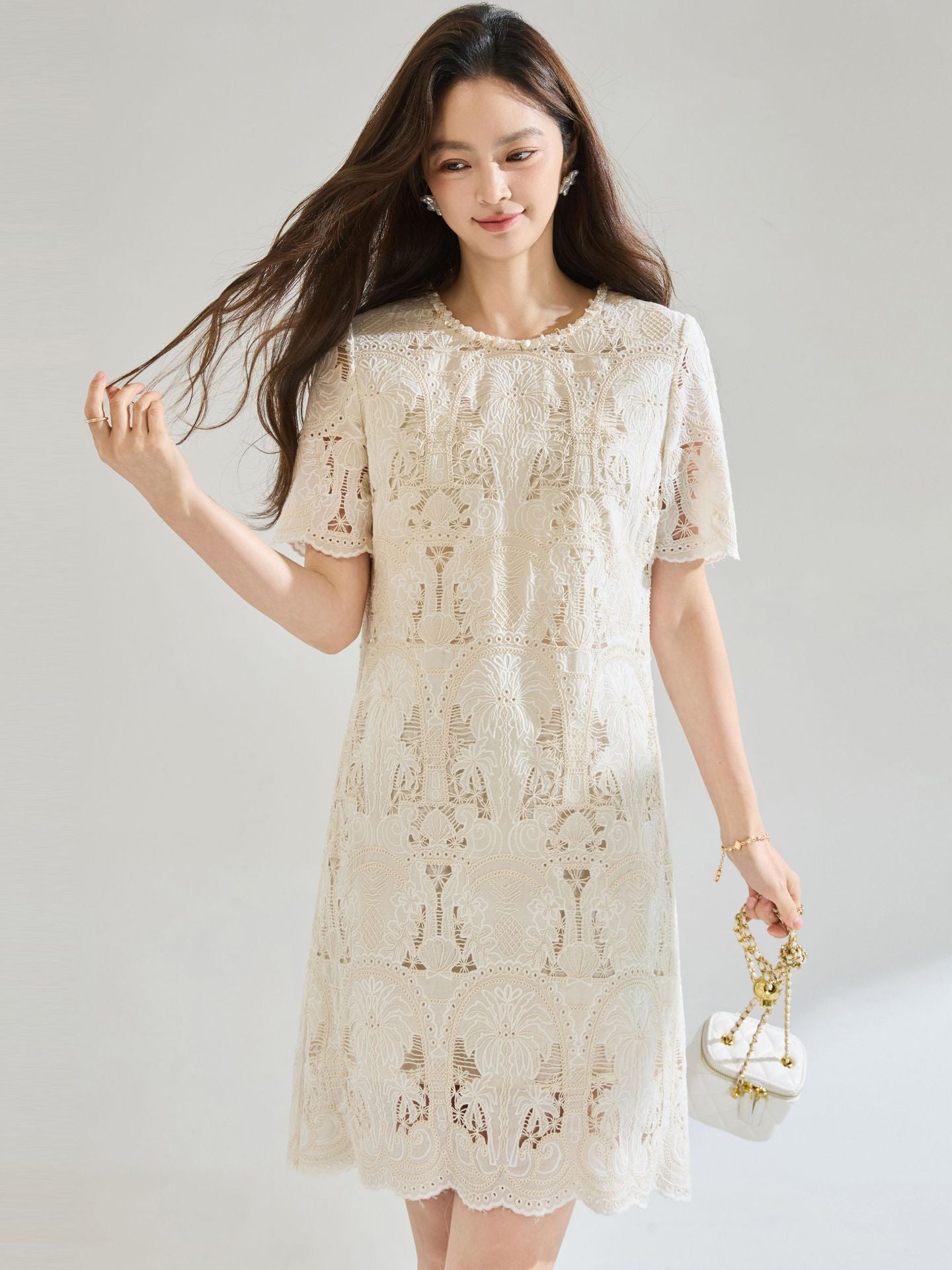 lace openwork embroidery mini dress - beige