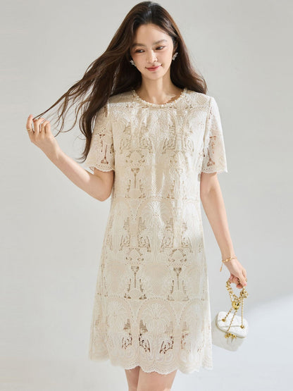 lace openwork embroidery mini dress - beige