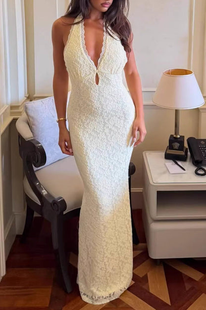 yellow lace hip lace-up halterneck maxi dress