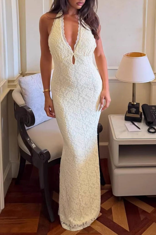 yellow lace hip lace-up halterneck maxi dress
