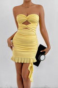 yellow Strapless ruffled bodycon mini dress