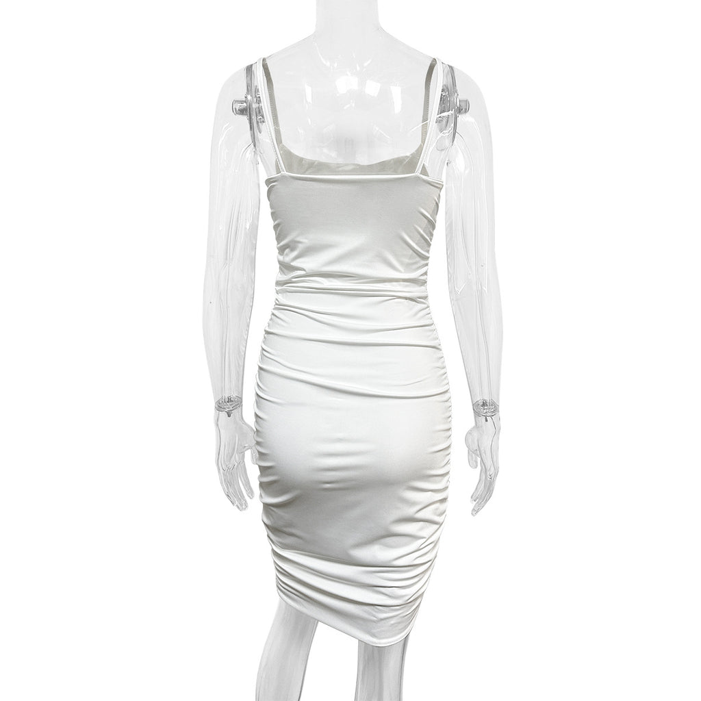 white Spaghetti strap pleated bodycon backless dress