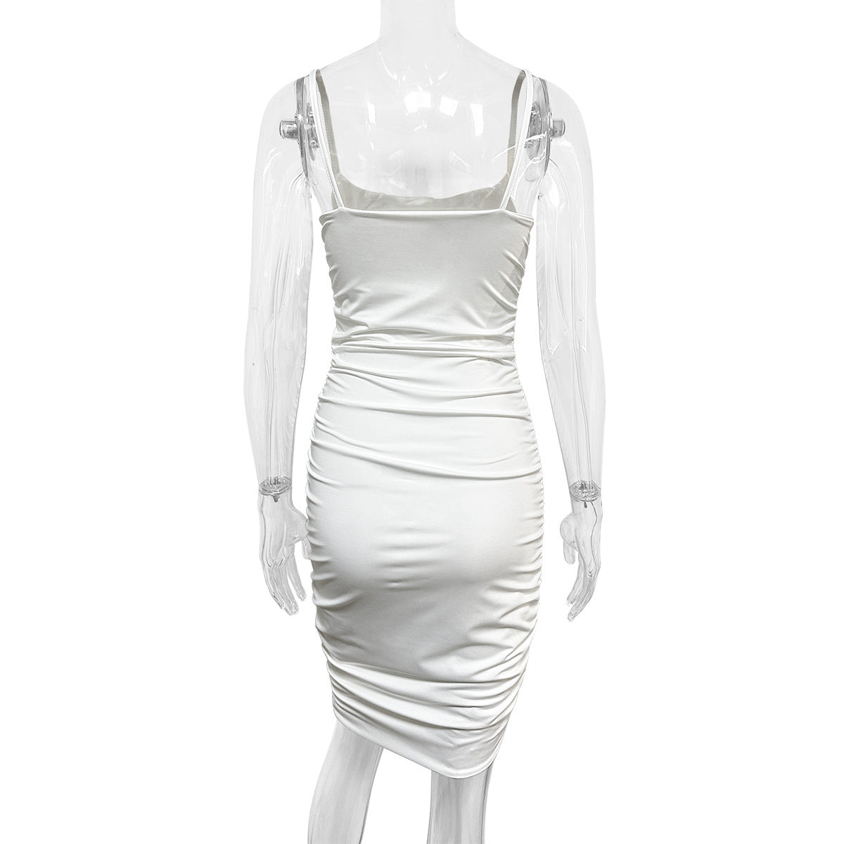 white Spaghetti strap pleated bodycon backless dress