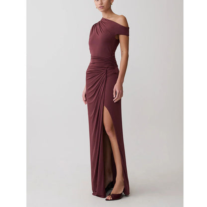Pleated High Slit Slanted Shoulder Dress