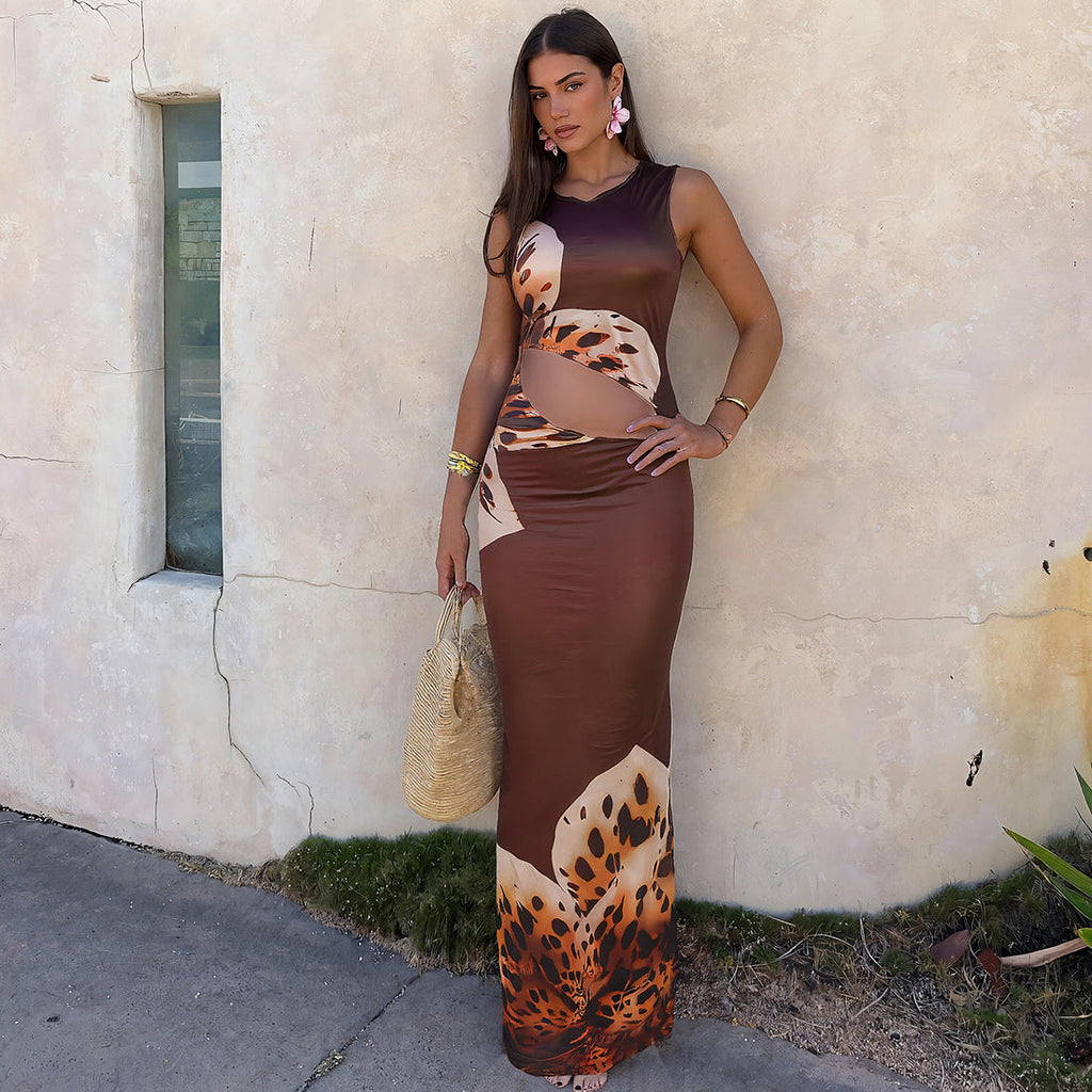 Digital Printed Round Neck Ripped Fitted Dress