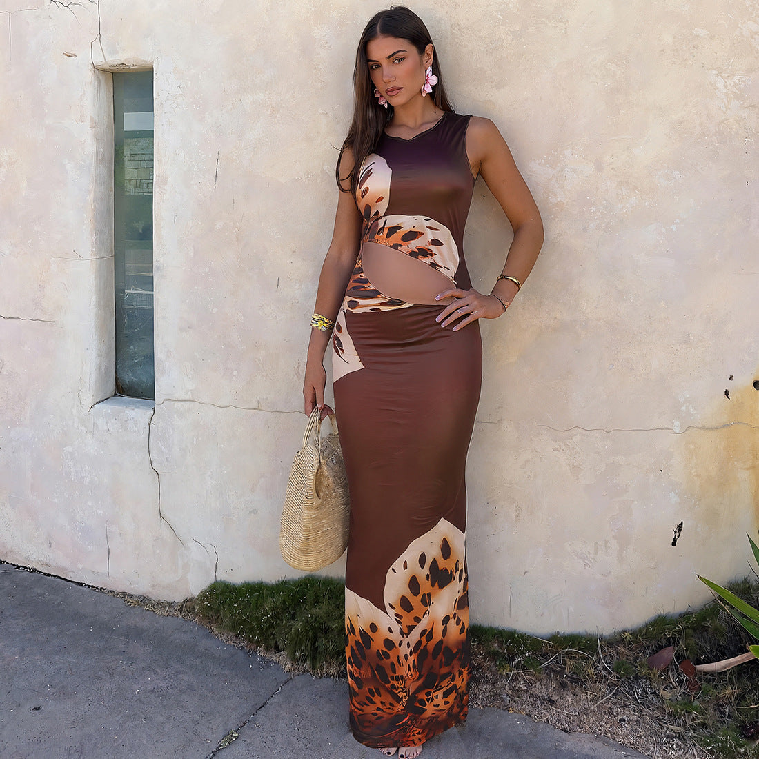 Digital Printed Round Neck Ripped Fitted Dress