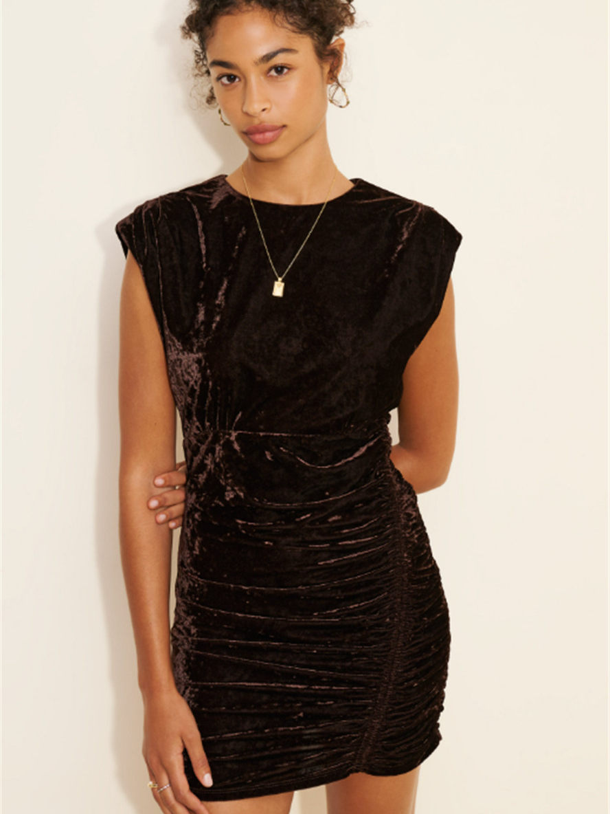 brown coffee shoulder pads velvet dress