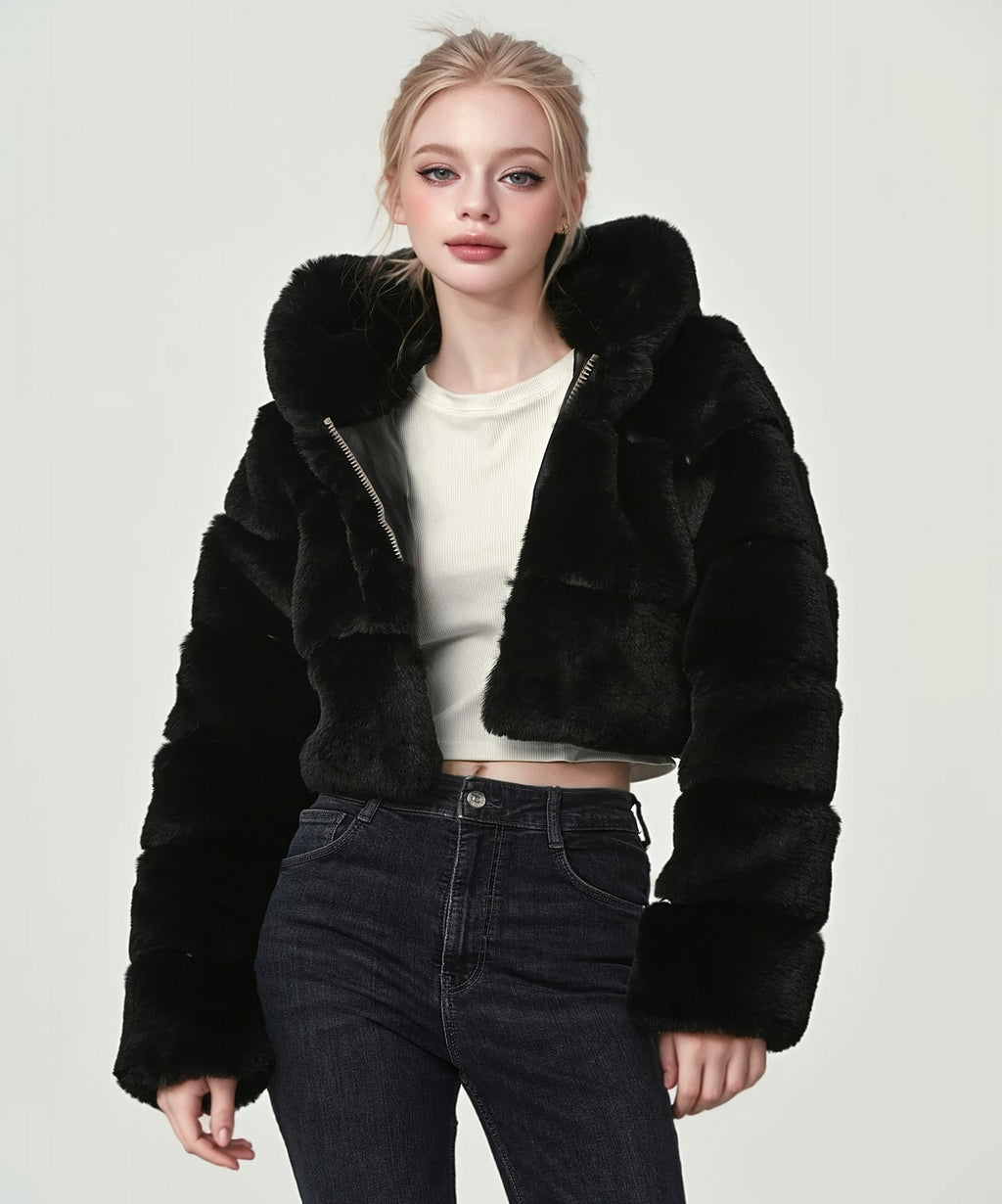 hooded imitation rabbit fur long sleeve spliced jacket