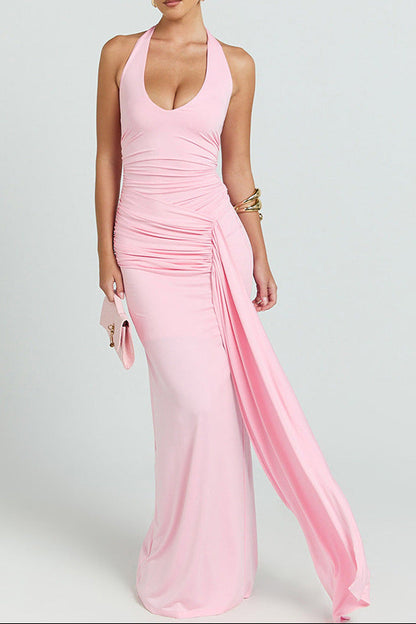 pink deep V halterneck open back streamer dress