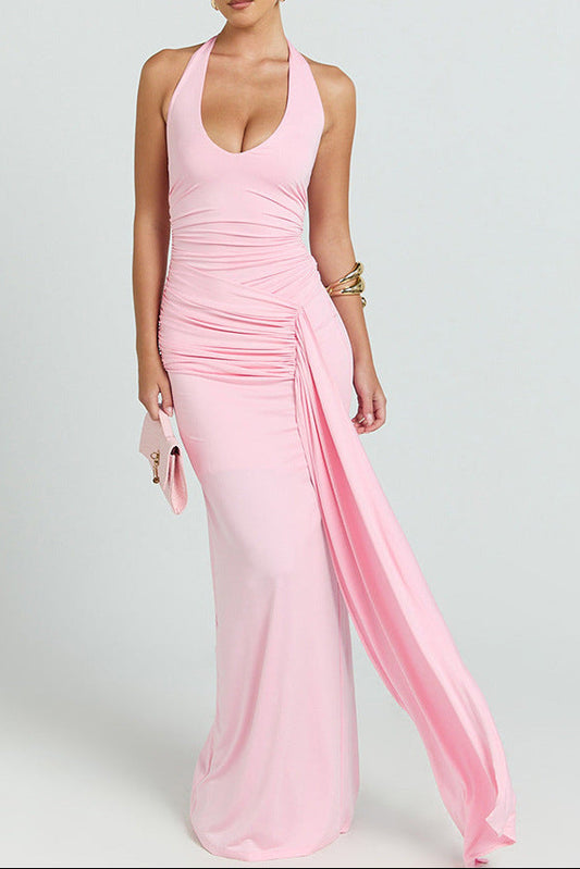 pink deep V halterneck open back streamer dress