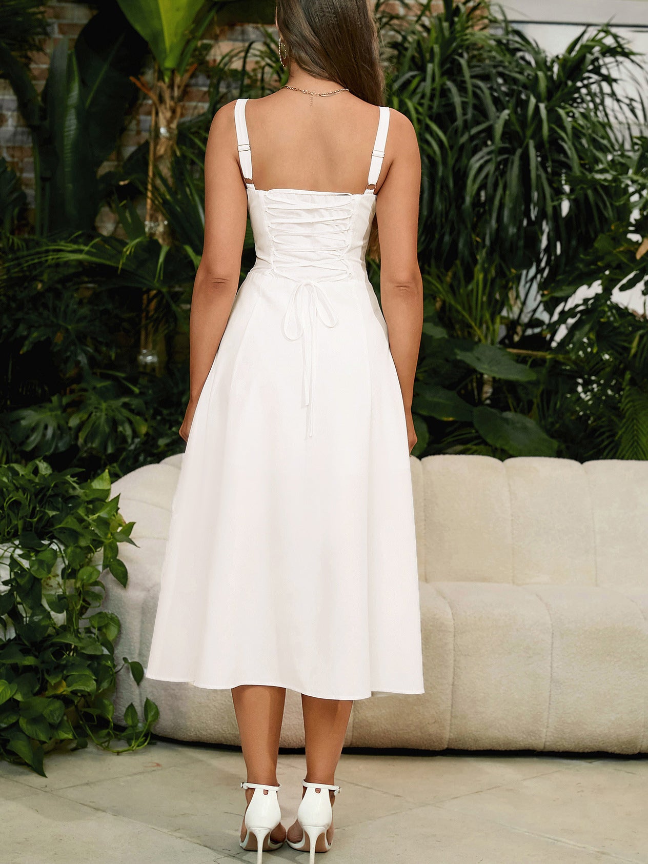 white herringbone slip slit backless chest tie long dress