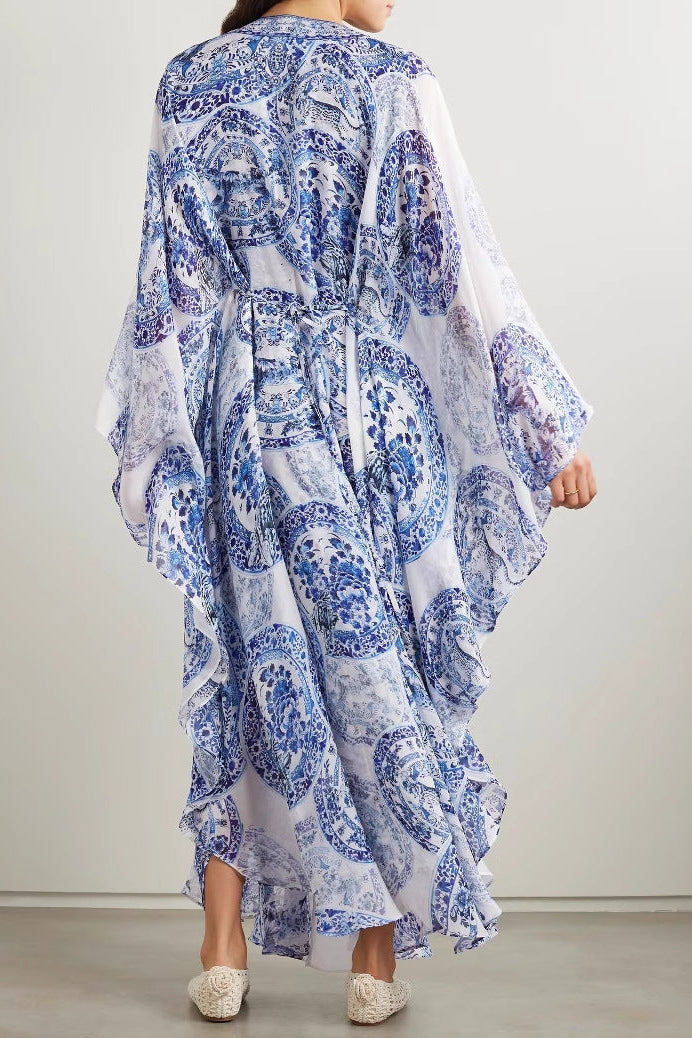 Blue and white porcelain print V-neck dress