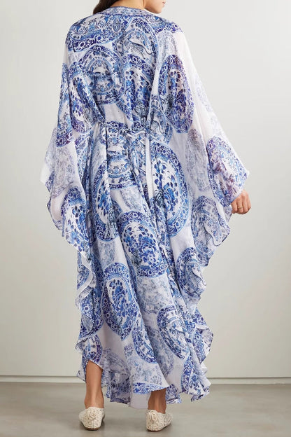 Blue and white porcelain print V-neck dress