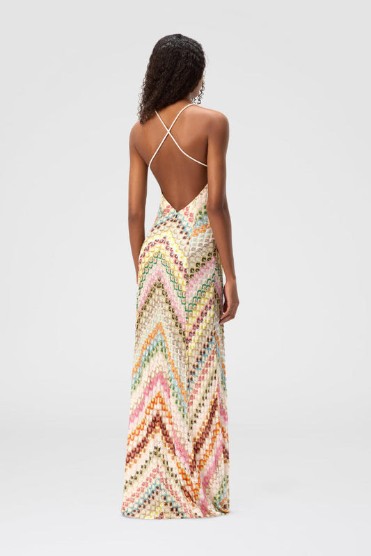 Chevron Rainbow Crochet Cross-Back Spaghetti Strap Maxi Dress