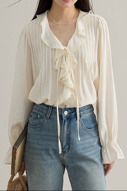 v-neck ruffle Bell-sleeved shirt