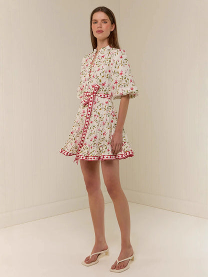 floral print puff sleeve Linen straps mini dress