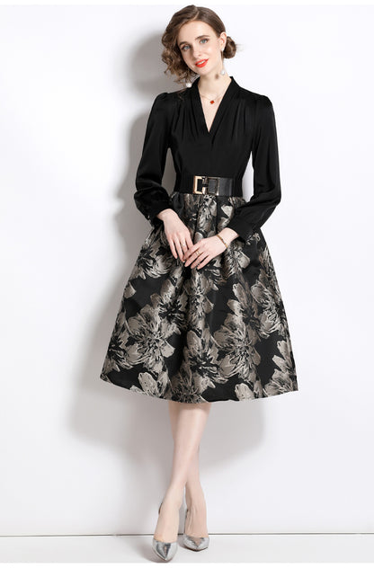 Deep V-neck patchwork jacquard puffy maxi dress