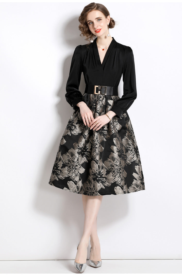 Deep V-neck patchwork jacquard puffy maxi dress