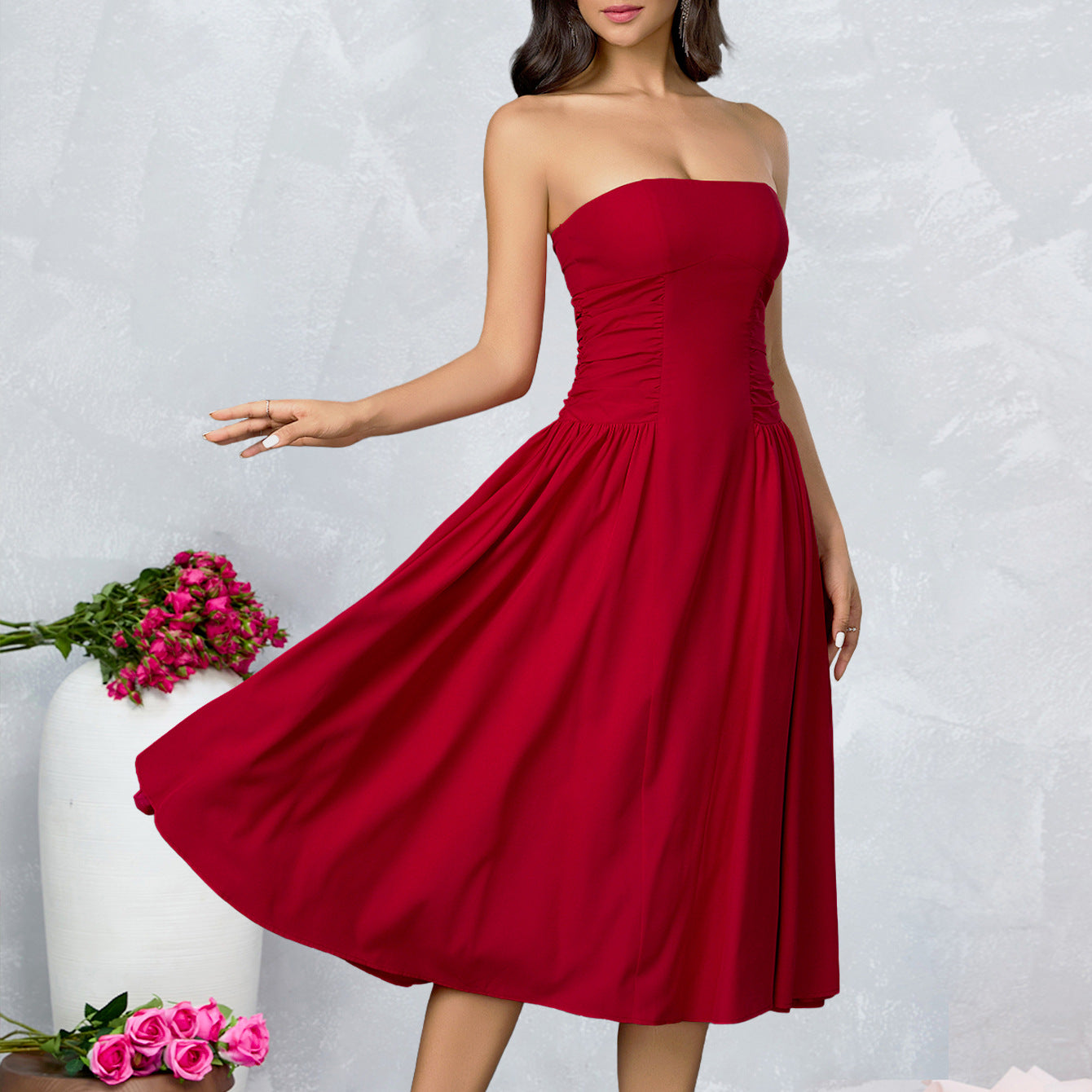 red bandeau backless  A-line mid dress