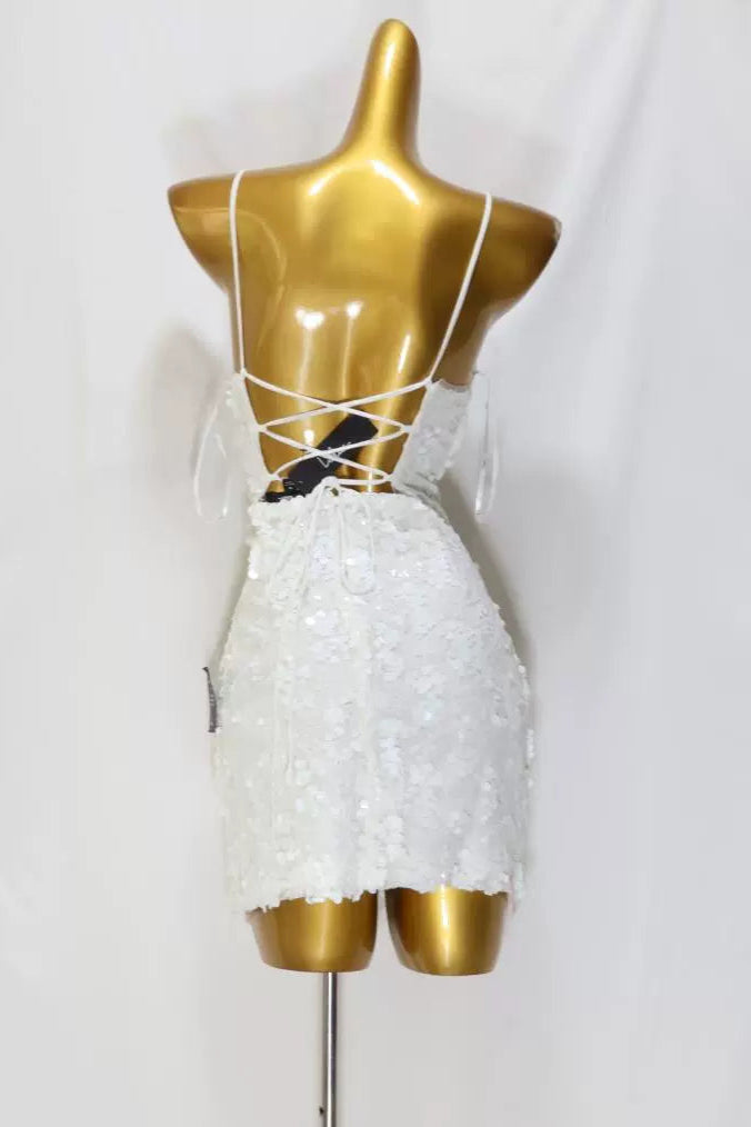 white sequin suspenders mini dress