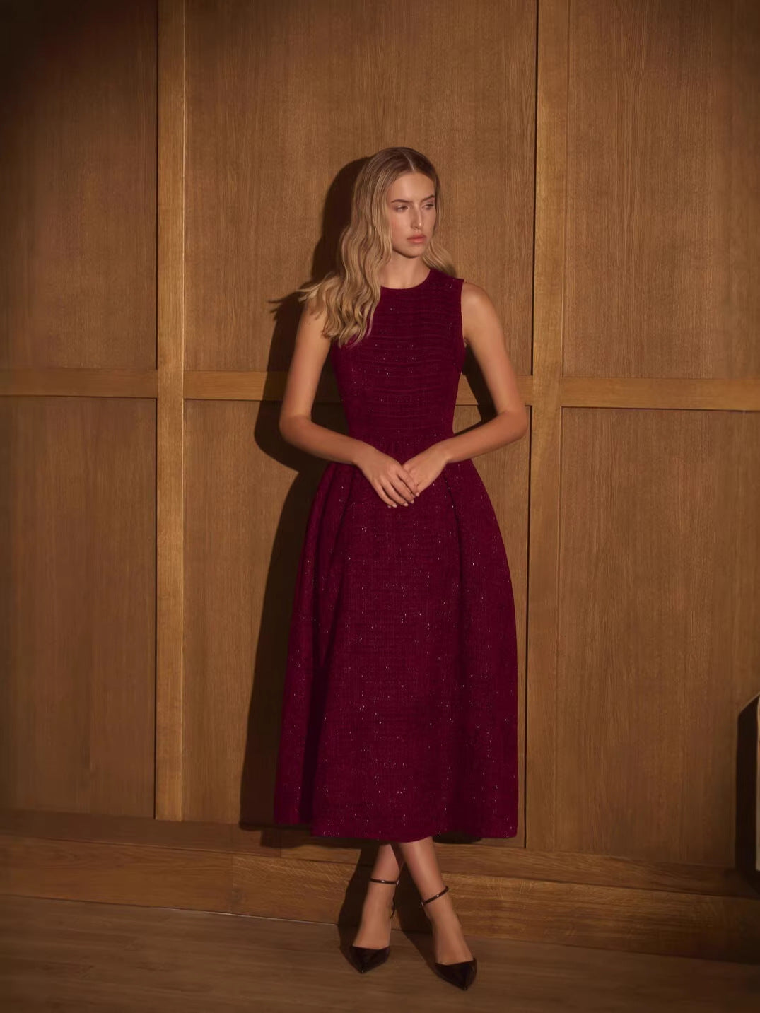 red wine sleeveless A-line maxi dress