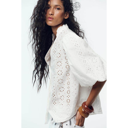 Loose Bubble Short-Sleeve Hollow Embroidered V-Neck Shirt