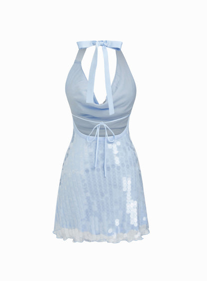 blue halter neck lace-up beads V-neck open back strap dress