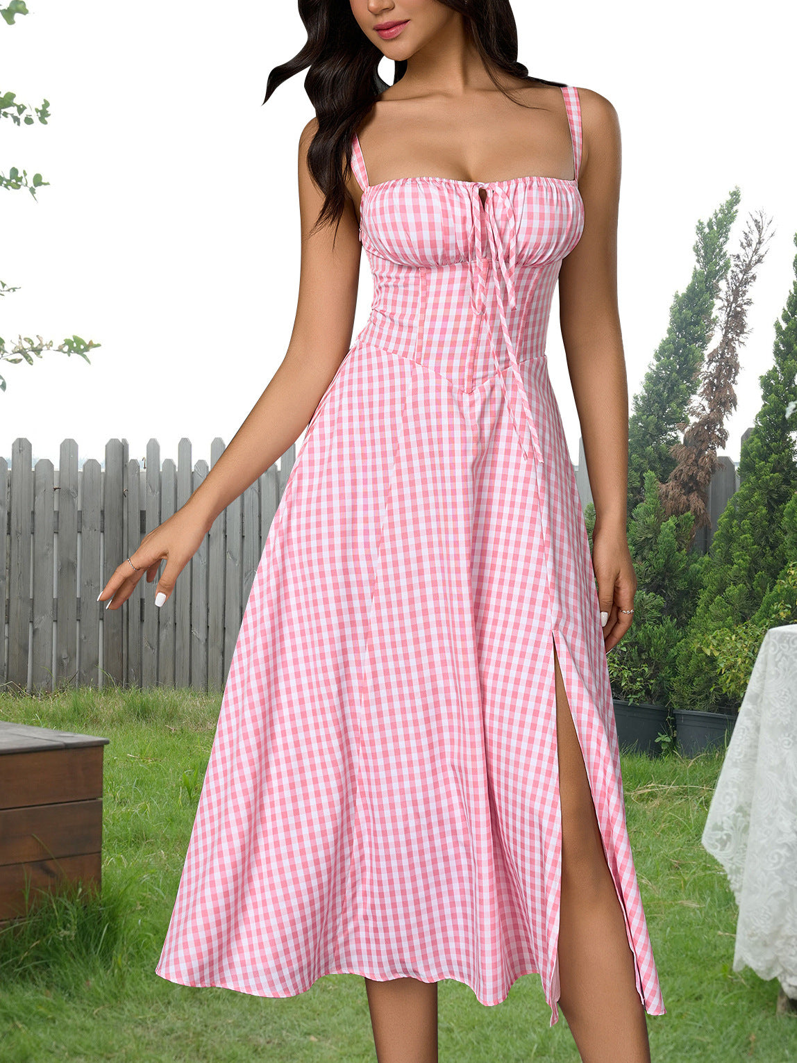 pink plaid herringbone slip slit backless chest tie long dress