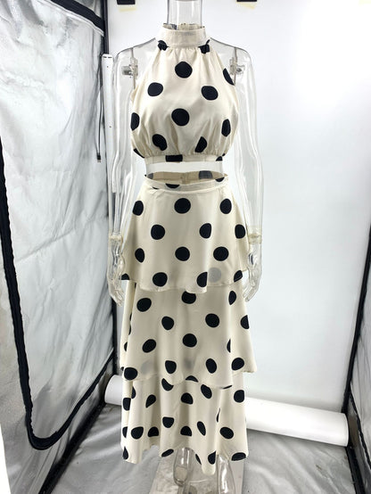 polka dot print halterneck sleeveless top skirt set