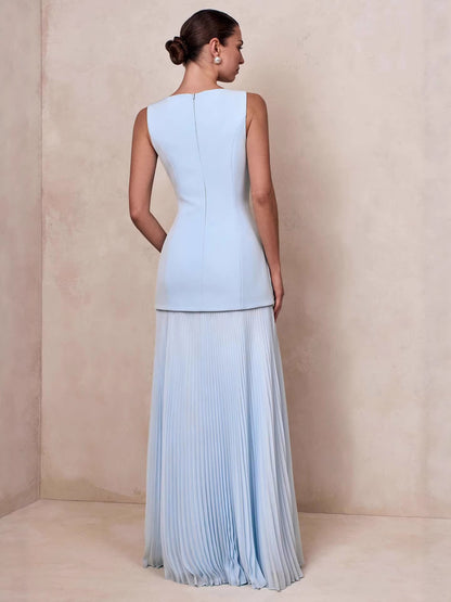 blue pleated sleeveless swing dress