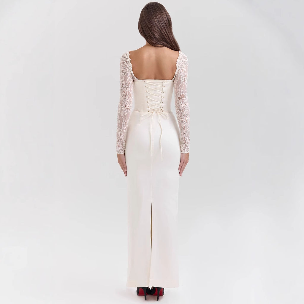 Bodycon lace long-sleeved slim-fit maxi dress - white