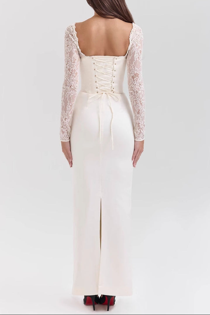 belle white Lace long-sleeved maxi dress