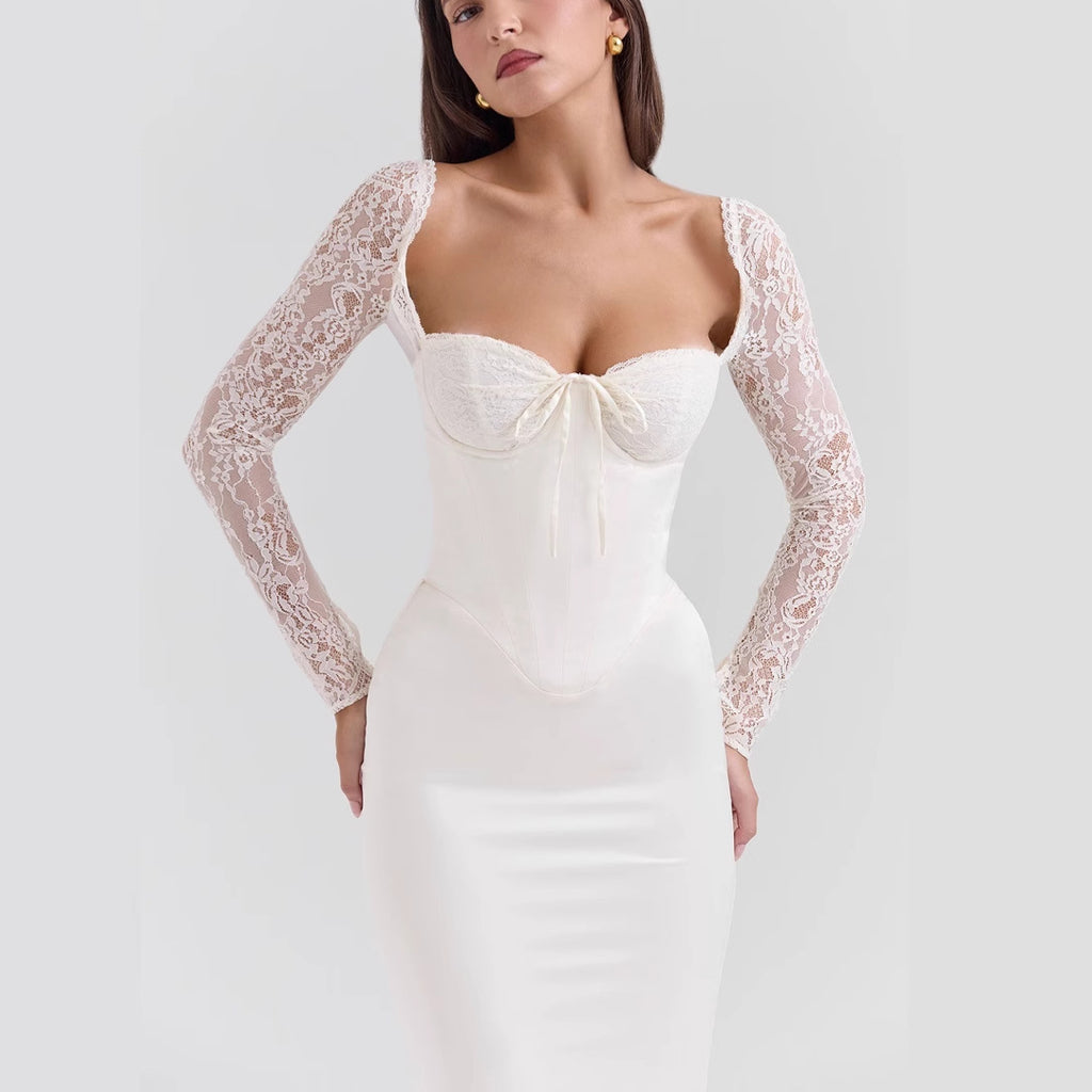 Bodycon lace long-sleeved slim-fit maxi dress - white