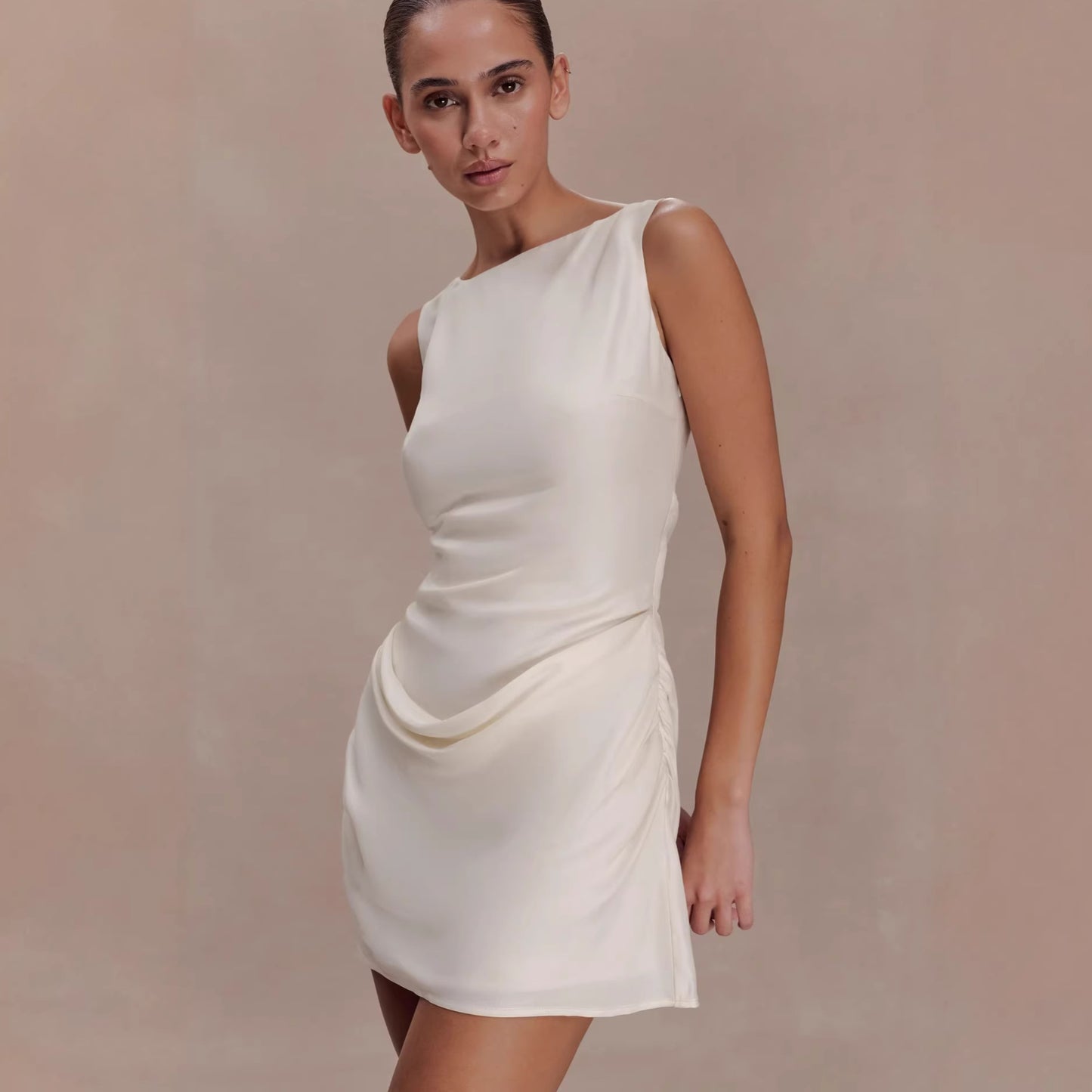 white sleeveless pleated suspender backless mini dress