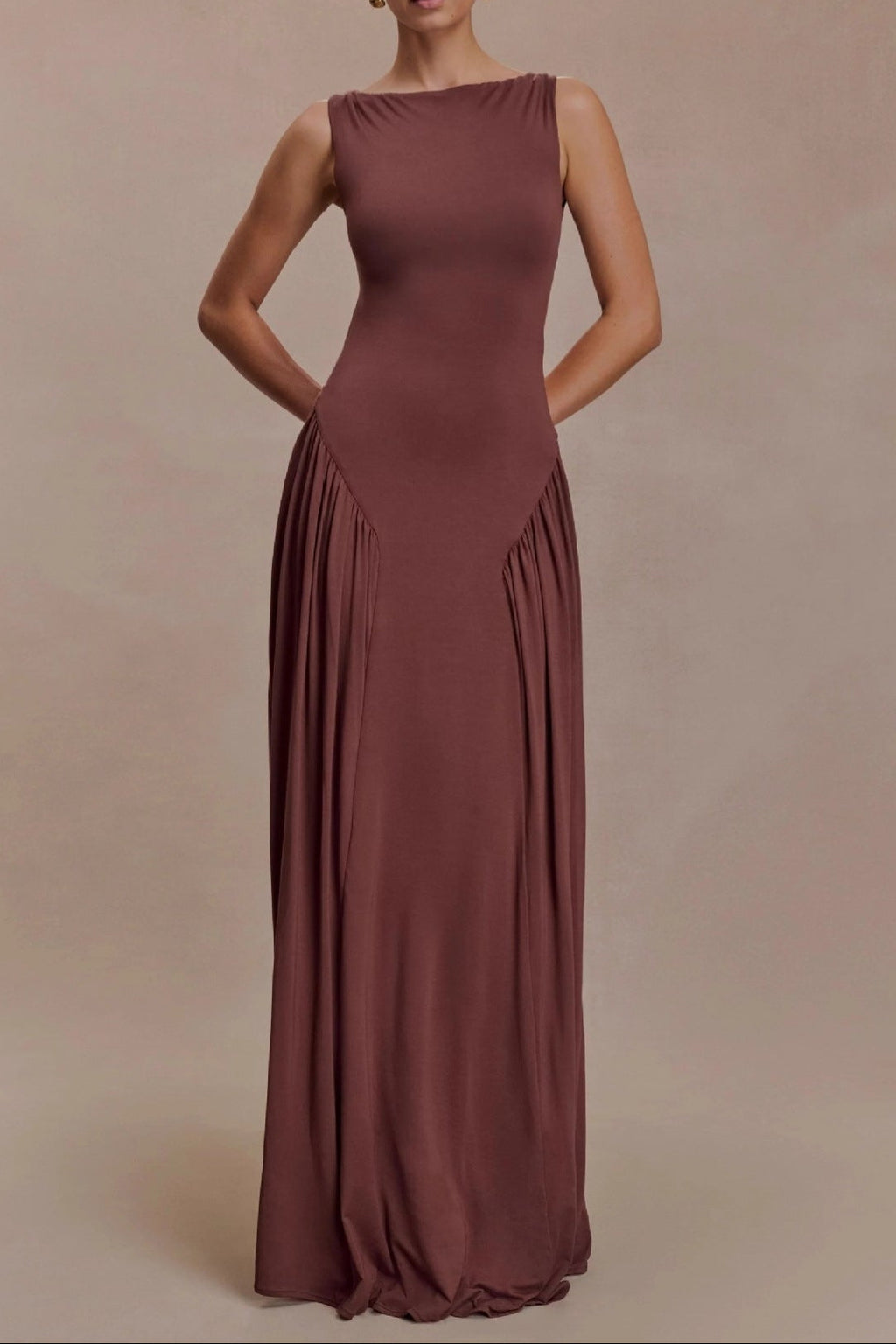 brown pleated one-line neck pleated open back dress