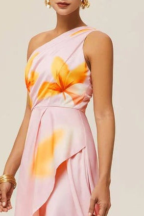 pink print hip hugging step maxi dress